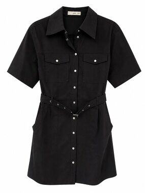 Mango Black Button-Front Belted Shirt Mini Dress